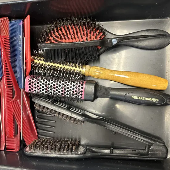 Assorted Brushes & Combs In Black Tray